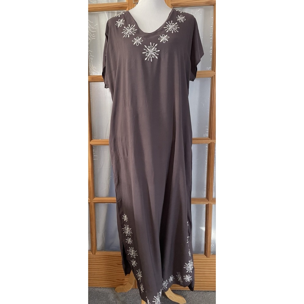 90s Floral Embroidery Maxi Dress OS Purplish Gray Crisscross Lacing Boho Beach